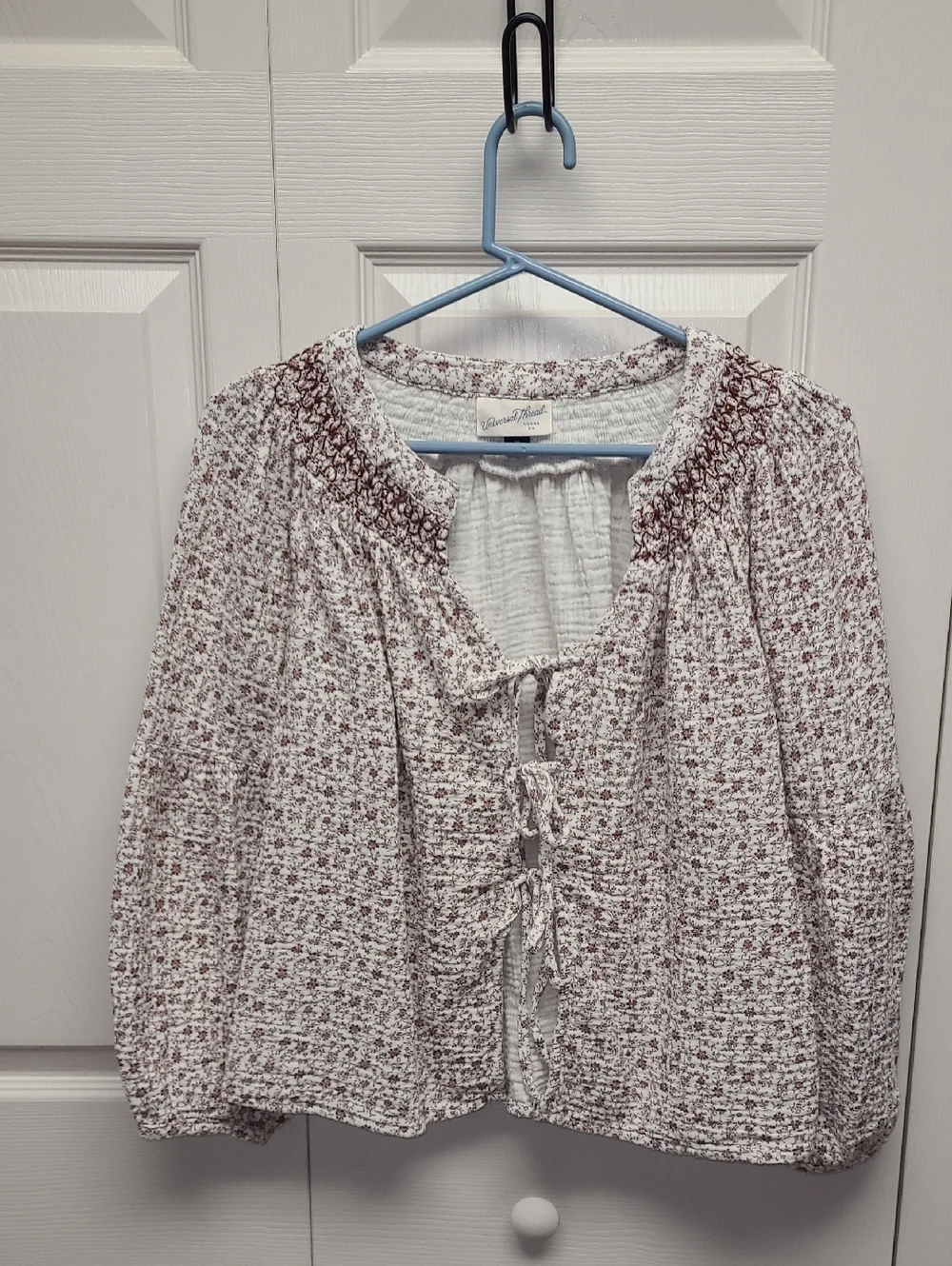 Universal Thread Cream and Burgundy Floral triple tie front Peasant Blouse